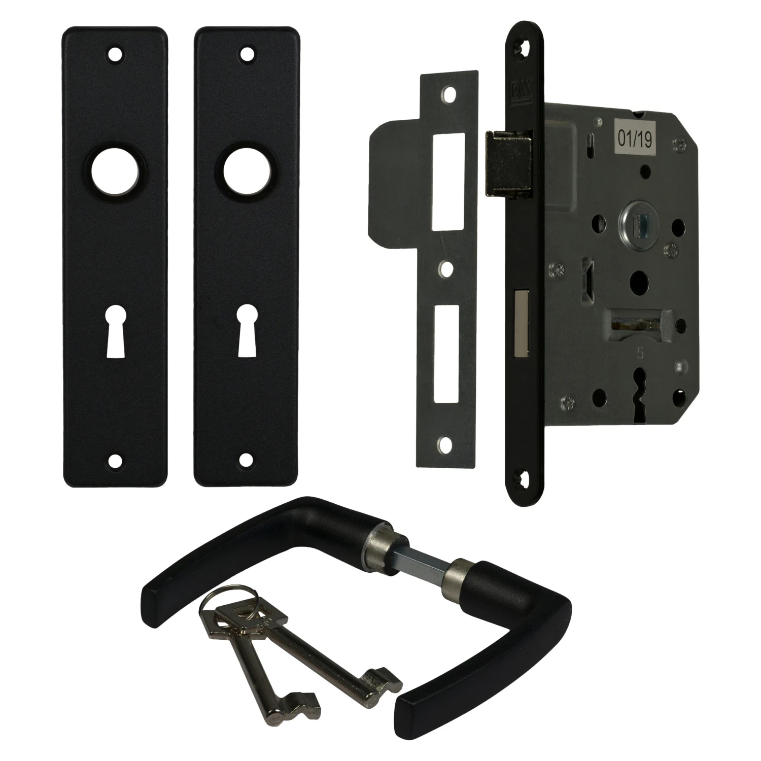 Haxo Deurgreep Set Mat Zwart Met Dag En Nacht Slot | Deurbeslag 1 Haxo Deurgreep Set Mat Zwart Met Dag En Nacht Slot | Deurbeslag